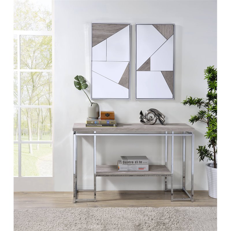 Bowery Hill Contemporary Metal Sofa Table in Natural Oak & Chrome