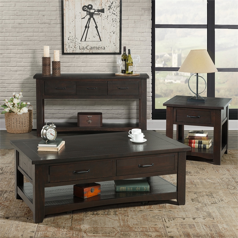 Bowery Hill Contemporary Rustic 3 Drawer Sofa - Console Table Antique Black