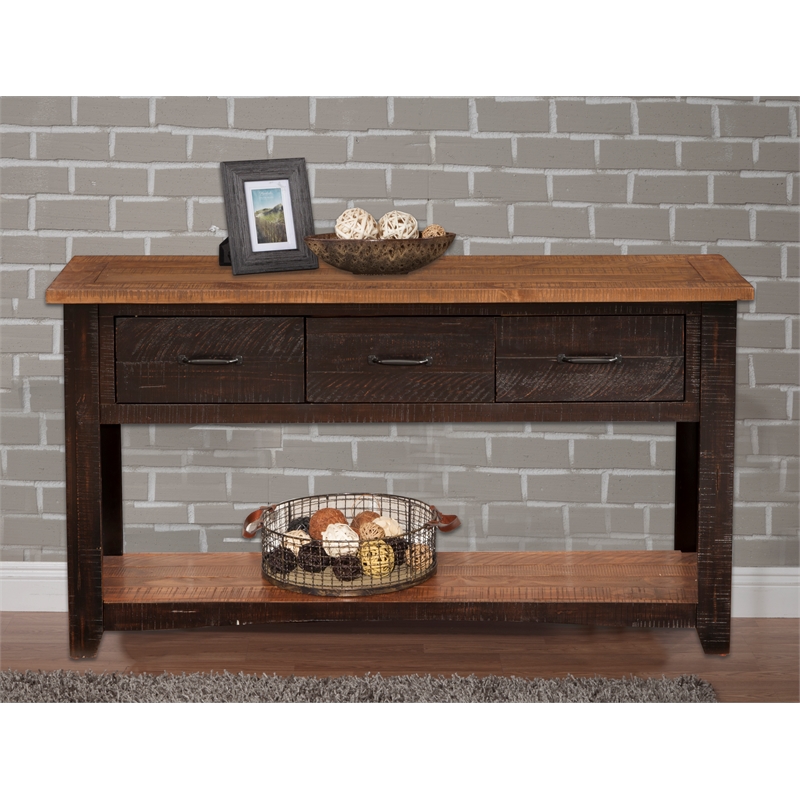 Bowery Hill Rustic 3 Drawer Sofa Console Table Antique Black and Honey