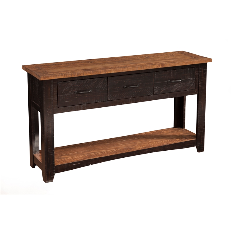 Bowery Hill Rustic 3 Drawer Sofa Console Table Antique Black and Honey