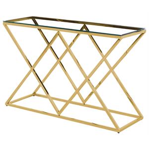 bowery hill modern angled stainless steel clear glass console table in gold