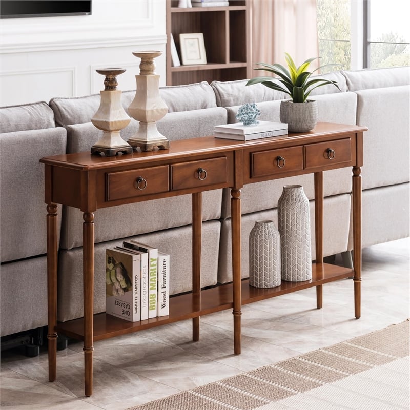 Bowery Hill Contemporary Wood Double Hall Console Table in Rich Pecan