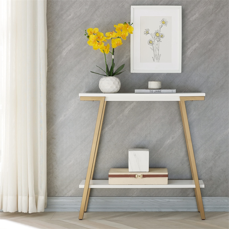 Bowery Hill Contemporary Wood Hall Console in White with Gold Metal Base