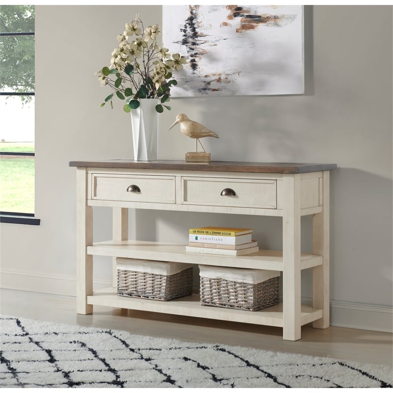 Bowery Hill Farmhouse 2 Drawer Sofa Console Table Cream White and Brown