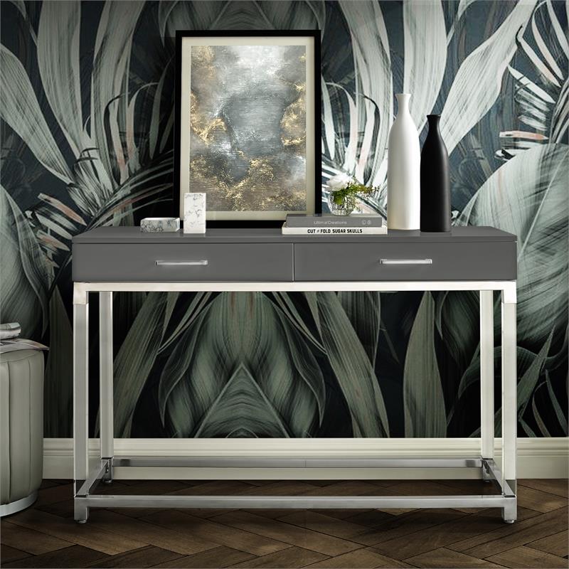 Bowery Hill Modern Metal Console Table with Acrylic Legs in Dark Gray/Chrome
