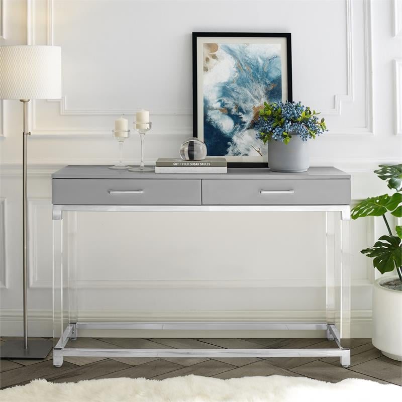 Bowery Hill Modern Metal Console Table with Acrylic Legs in Light Gray/Chrome