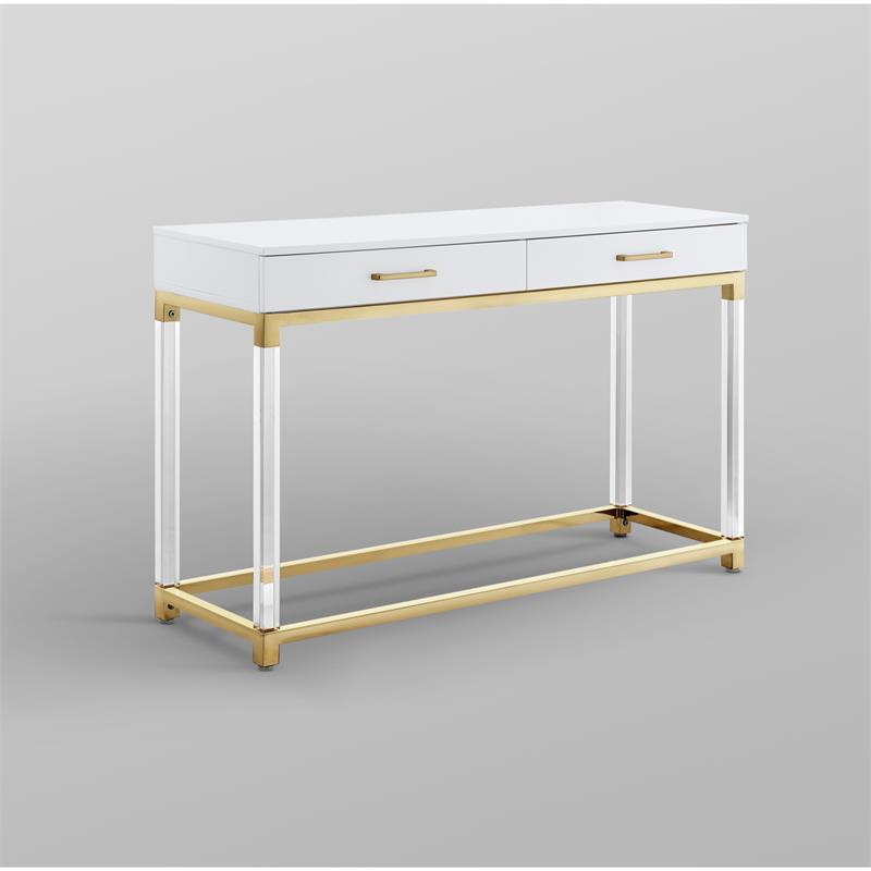 Bowery Hill Contemporary Metal Console Table with Acrylic Legs in White/Gold
