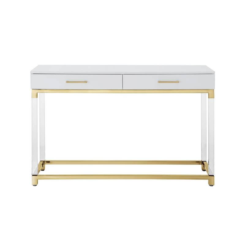 Bowery Hill Contemporary Metal Console Table with Acrylic Legs in White/Gold