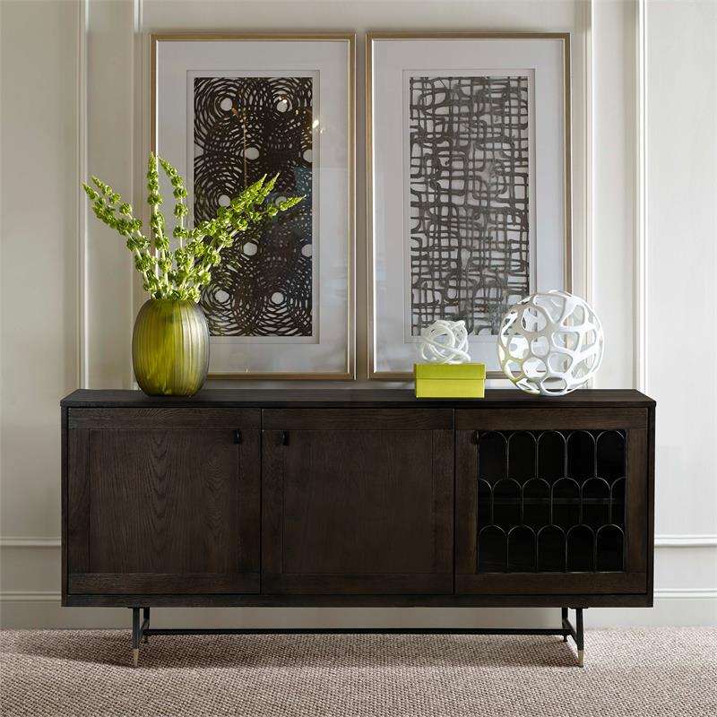 Bowery Hill Modern Oak Wood/Tempered Glass/Metal Buffet Cabinet in Oak