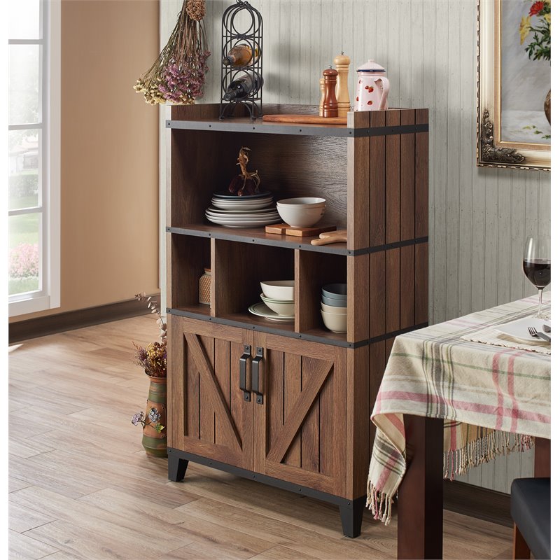 Bowery Hill Farmhouse Wood 8-Shelf Buffet in Distressed Walnut