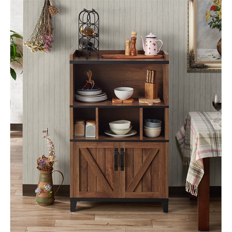 Bowery Hill Farmhouse Wood 8-Shelf Buffet in Distressed Walnut