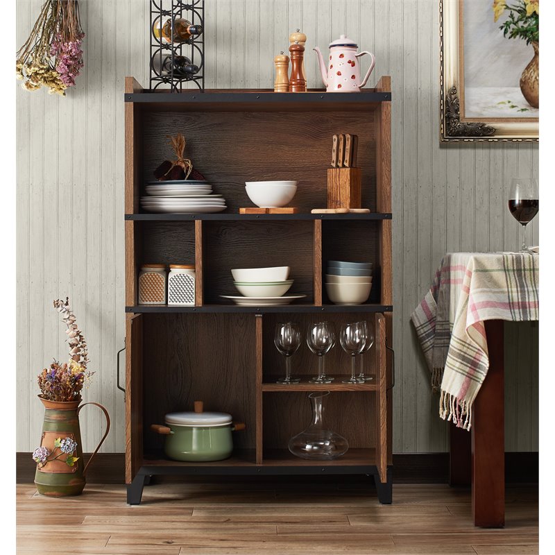Bowery Hill Farmhouse Wood 8-Shelf Buffet in Distressed Walnut