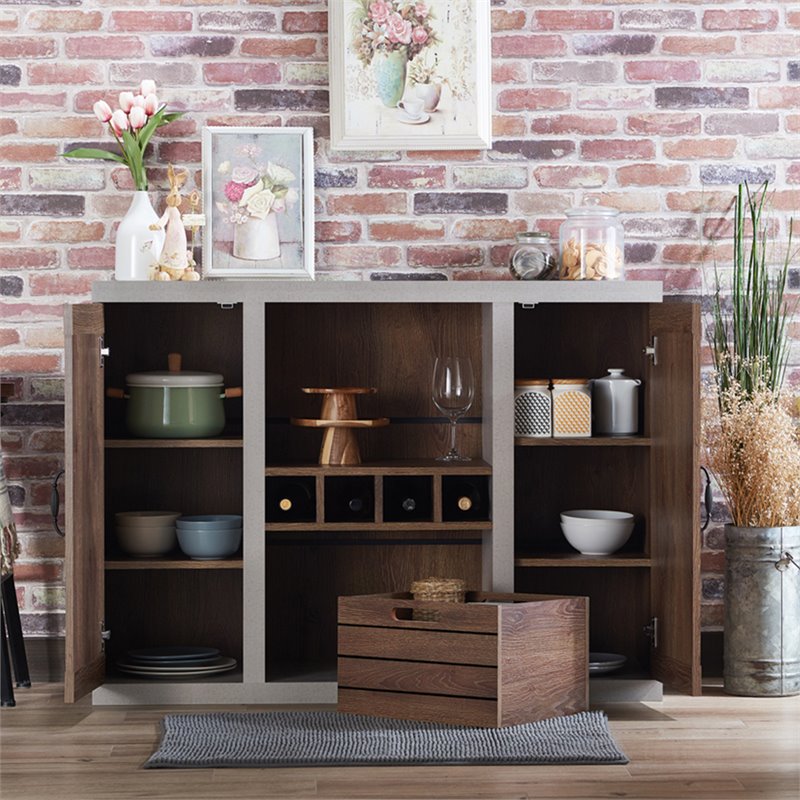 Bowery Hill Industrial Wood Wine Rack Buffet in Distressed Walnut