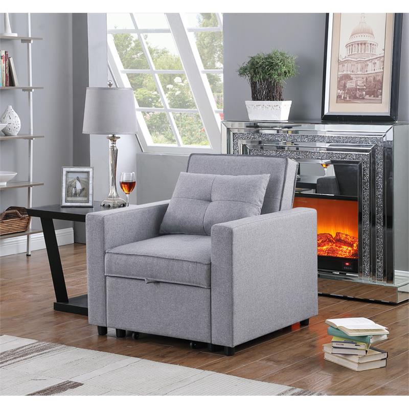 Bowery Hill Light Gray Linen Fabric Convertible Sleeper Chair with Side Pocket