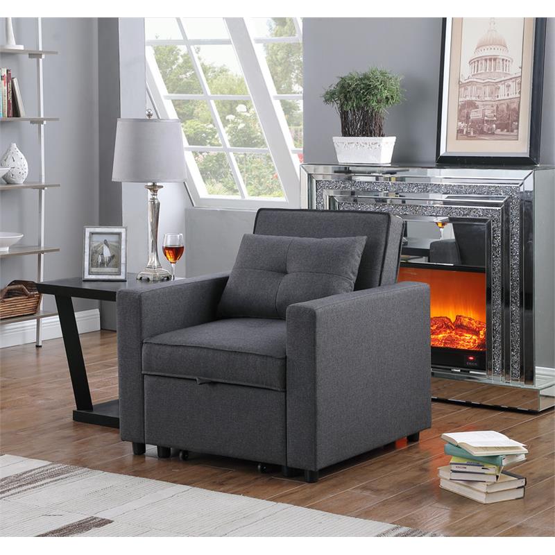 Bowery Hill Dark Gray Linen Fabric Convertible Sleeper Chair with Side Pocket