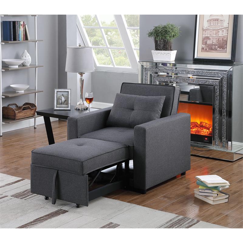 Bowery Hill Dark Gray Linen Fabric Convertible Sleeper Chair with Side Pocket