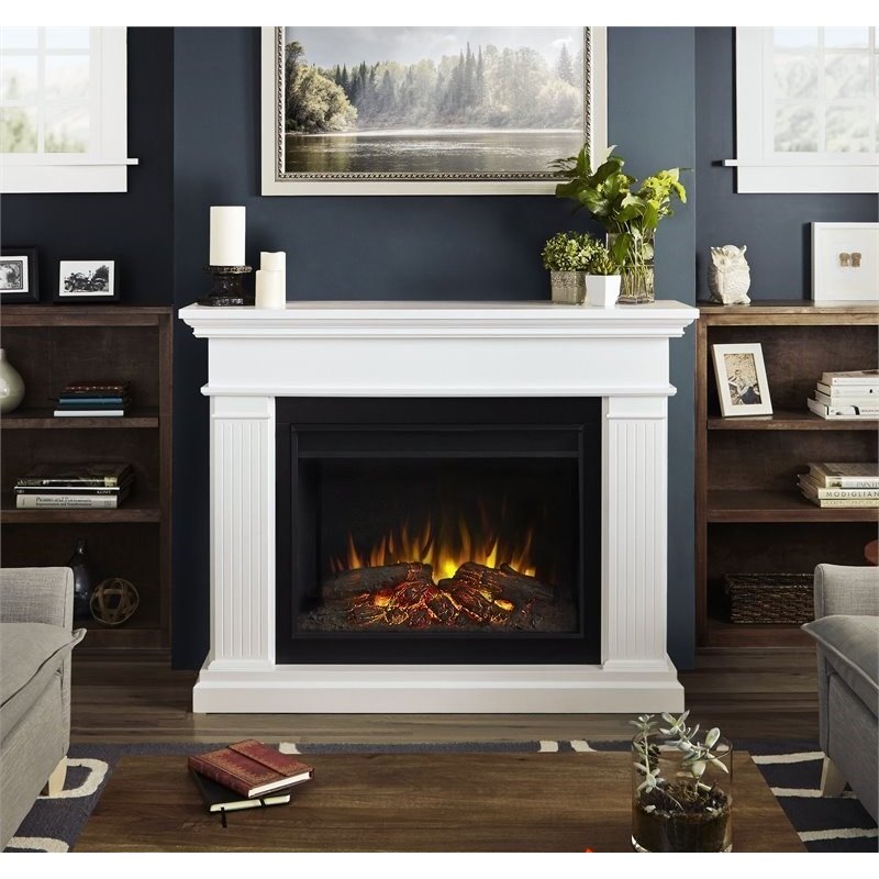 Bowery Hill Solid Wood White Electric Fireplace Rectangular Thermostat Timer 43.25