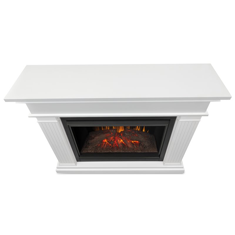 Bowery Hill Solid Wood White Electric Fireplace Rectangular Thermostat Timer 43.25