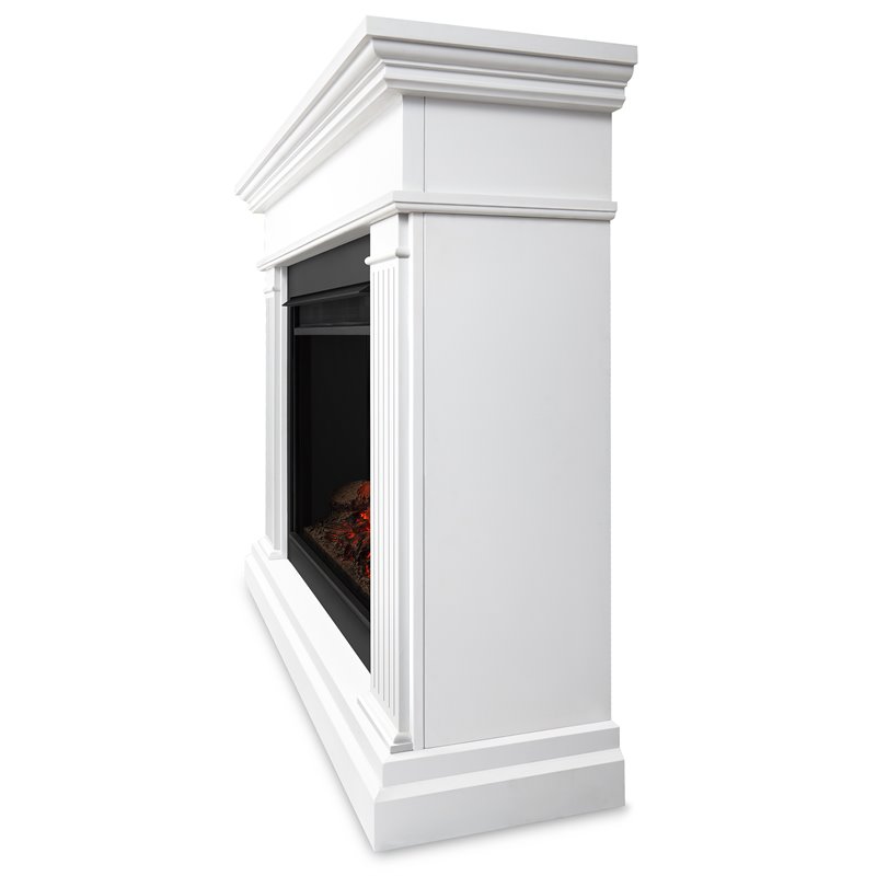 Bowery Hill Solid Wood White Electric Fireplace Rectangular Thermostat Timer 43.25