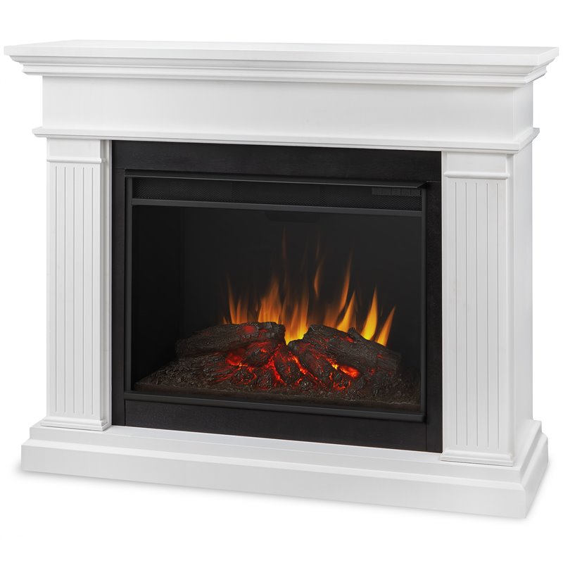 Bowery Hill Solid Wood White Electric Fireplace Rectangular Thermostat Timer 43.25