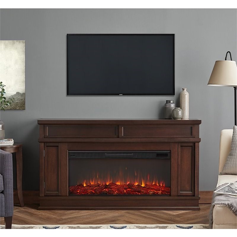 Bowery Hill Hardwood Veneer Dark Walnut Electric Fireplace Rectangular Adjustable Heat 60.13