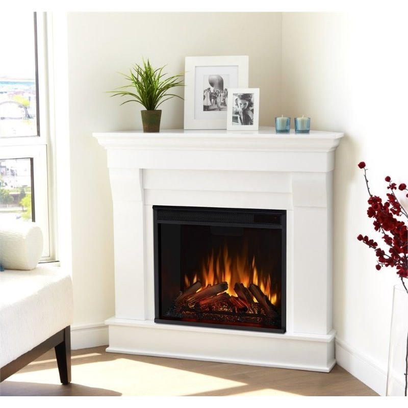 Bowery Hill Contemporary Solid Wood Electric Corner Fireplace in White
