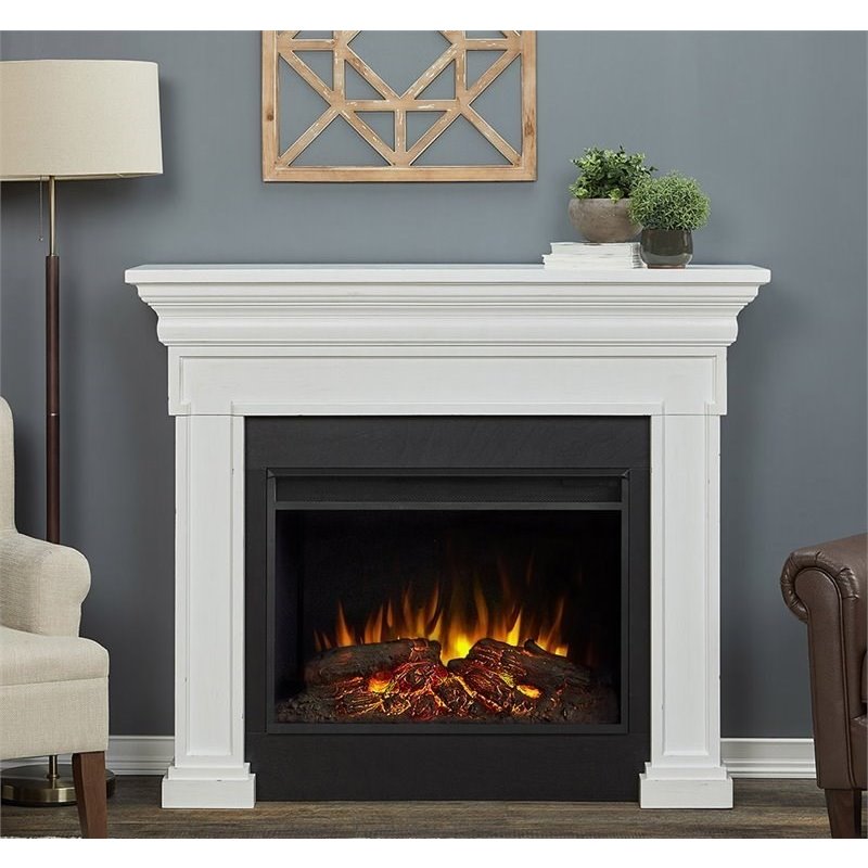 Bowery Hill Contemporary Wood Electric Fireplace in Black/Rustic White