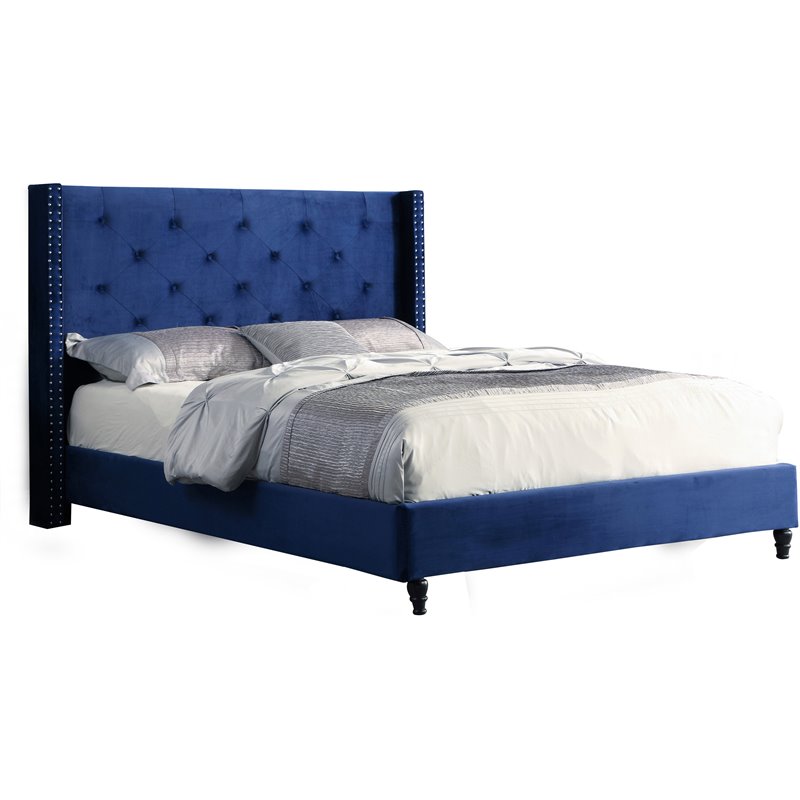 Bowery Hill Transitional Velvet Wingback Platform Queen Bed in Blue