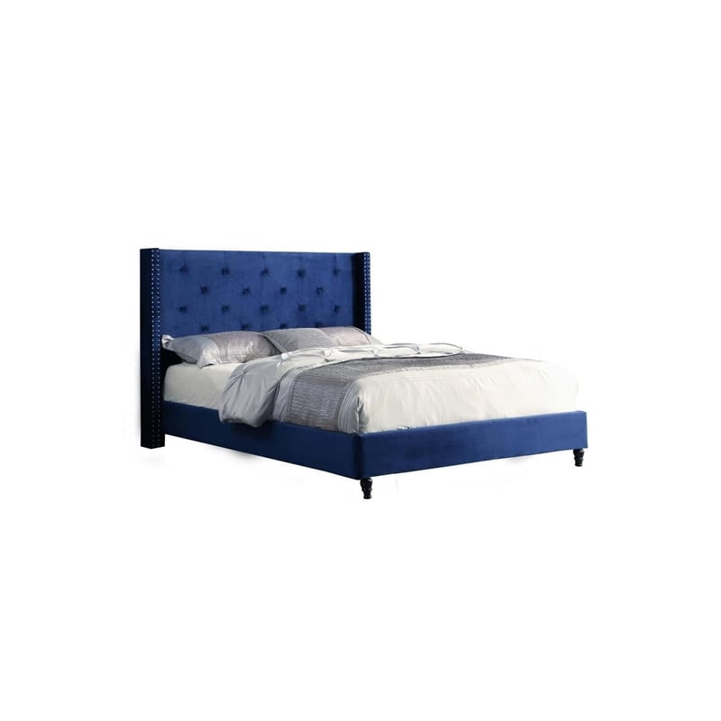 Bowery Hill Transitional Velvet Fabric Wingback Platform Full Bed in Navy