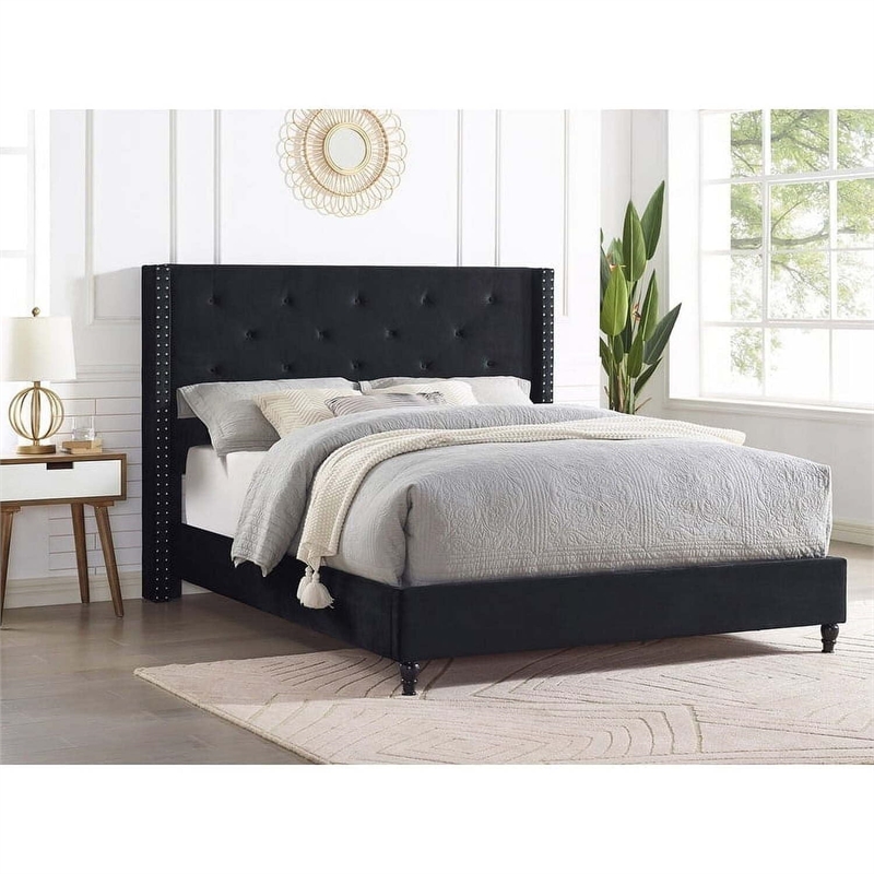 Bowery Hill Transitional Velvet Fabric Wingback Platform Full Bed in Navy