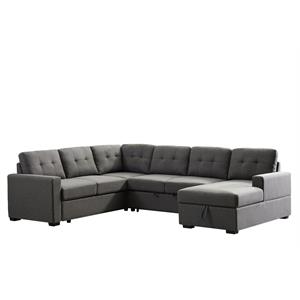 bowery hill dark gray linen fabric sleeper sectional sofa with storage chaise