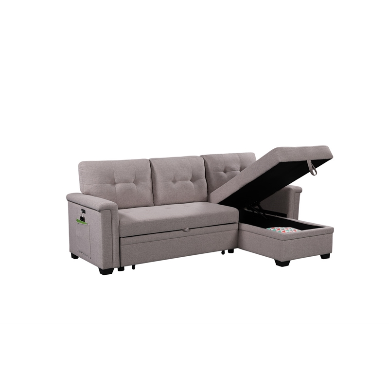 Bowery Hill Gray Fabric Reversible Sectional Storage Chaise USB Charging Ports