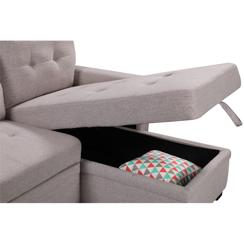 Bowery Hill Gray Fabric Reversible Sectional Storage Chaise USB Charging Ports