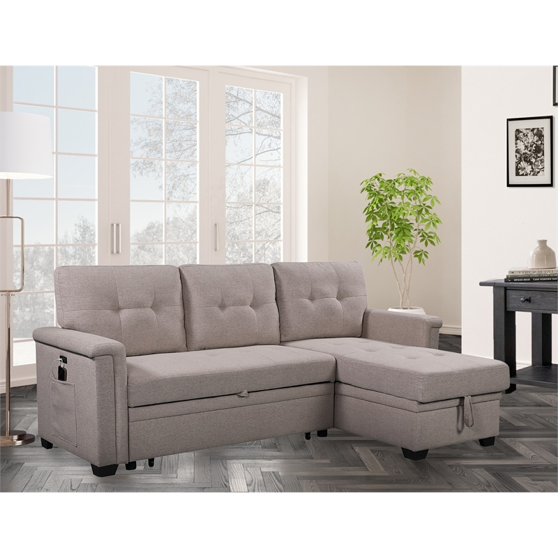 Bowery Hill Gray Fabric Reversible Sectional Storage Chaise USB Charging Ports
