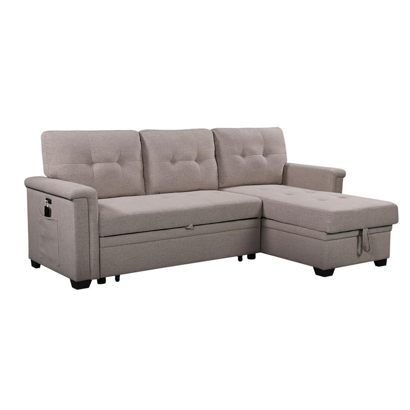 Bowery Hill Gray Fabric Reversible Sectional Storage Chaise USB Charging Ports