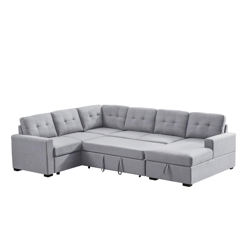 Bowery Hill Light Gray Linen Fabric Sleeper Sectional Sofa with Storage