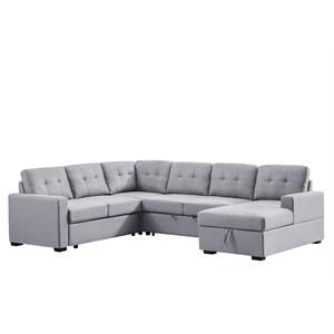 bowery hill light gray linen fabric sleeper sectional sofa with storage chaise