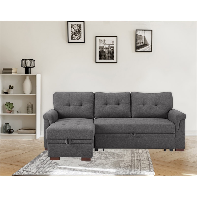 Bowery Hill Dark Gray Fabric Reversible Sleeper Sectional with Storage Chaise