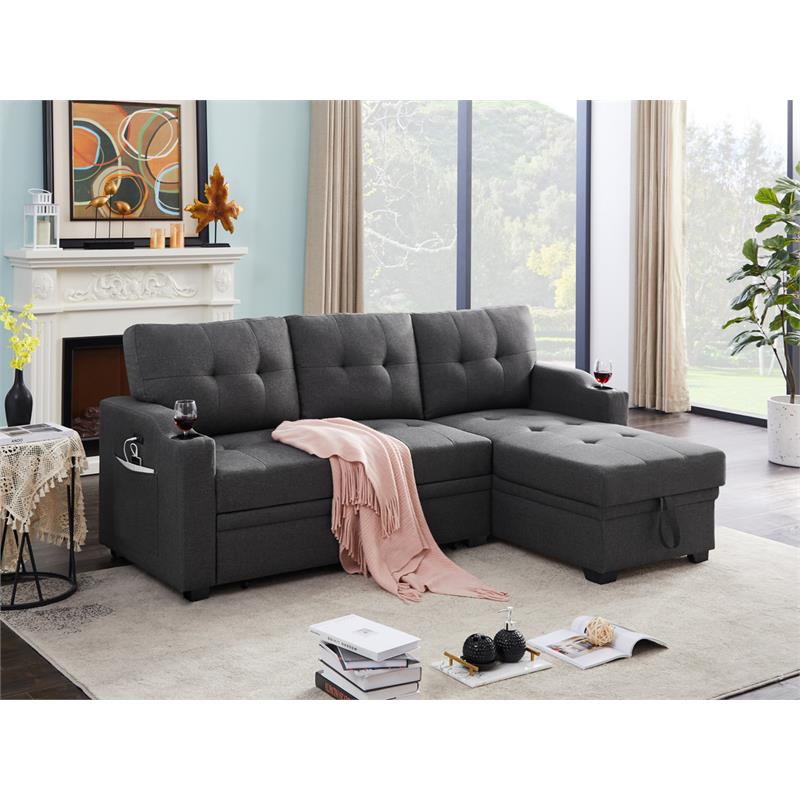 Bowery hill gray reversible sleeper sofa store storage chaise with usb charging ports