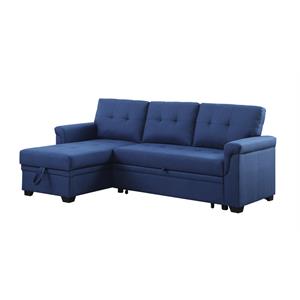 bowery hill blue linen fabric reversible sleeper sectional with storage chaise