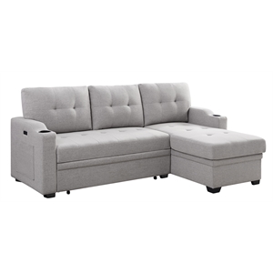 bowery hill light gray linen fabric sleeper sectional with cupholder usb port