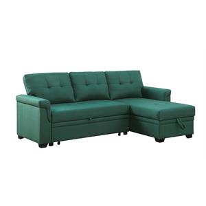 bowery hill green linen reversible sleeper sectional sofa with storage chaise