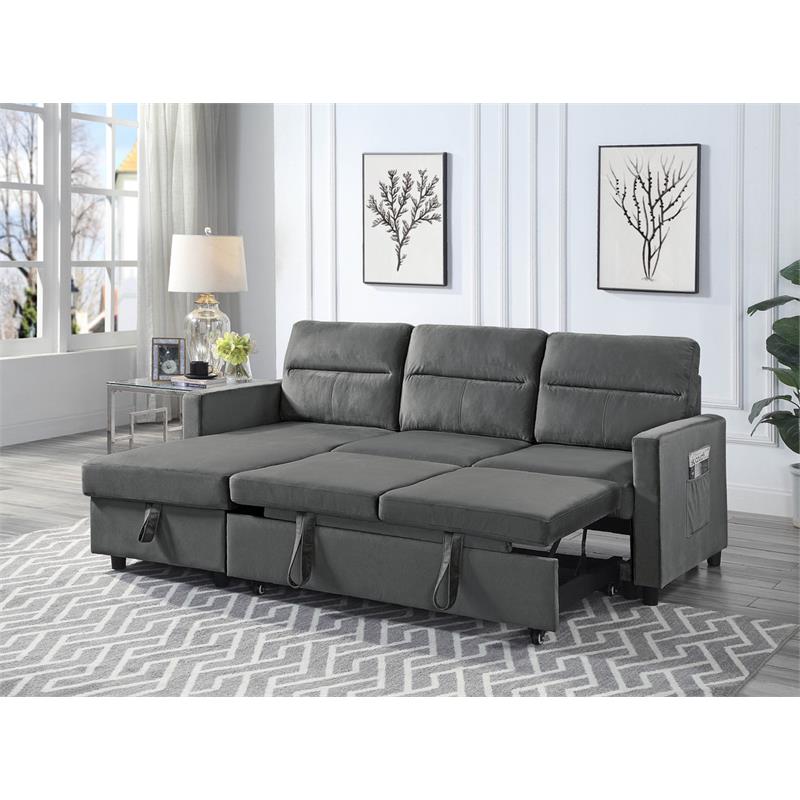 Bowery Hill Dark Gray Velvet Reversible Sleeper Sectional with Storage