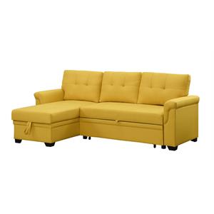 bowery hill yellow linen fabric reversible sleeper sectional sofa with storage