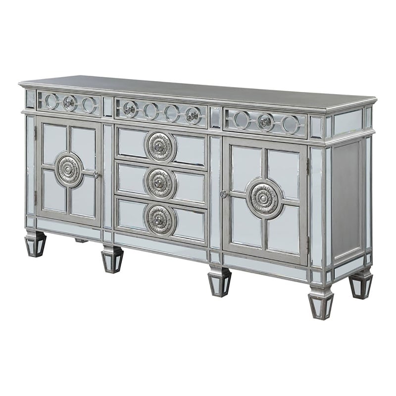 Bowery Hill Contemporary Mirrored Wood Server in Antique Platinum Silver