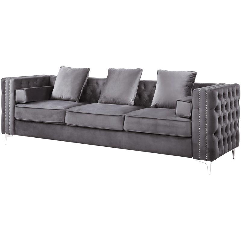 Bowery Hill Contemporary Sofa with 5 Pillows in Gray Velvet