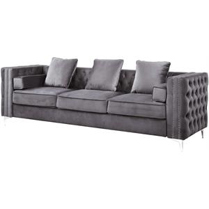 Bowery Hill Contemporary Sofa with 5 Pillows in Gray Velvet