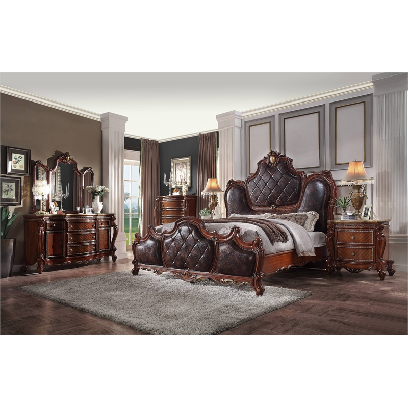 Bowery Hill Contemporary Eastern King Bed in Faux Leather& Honey Oak