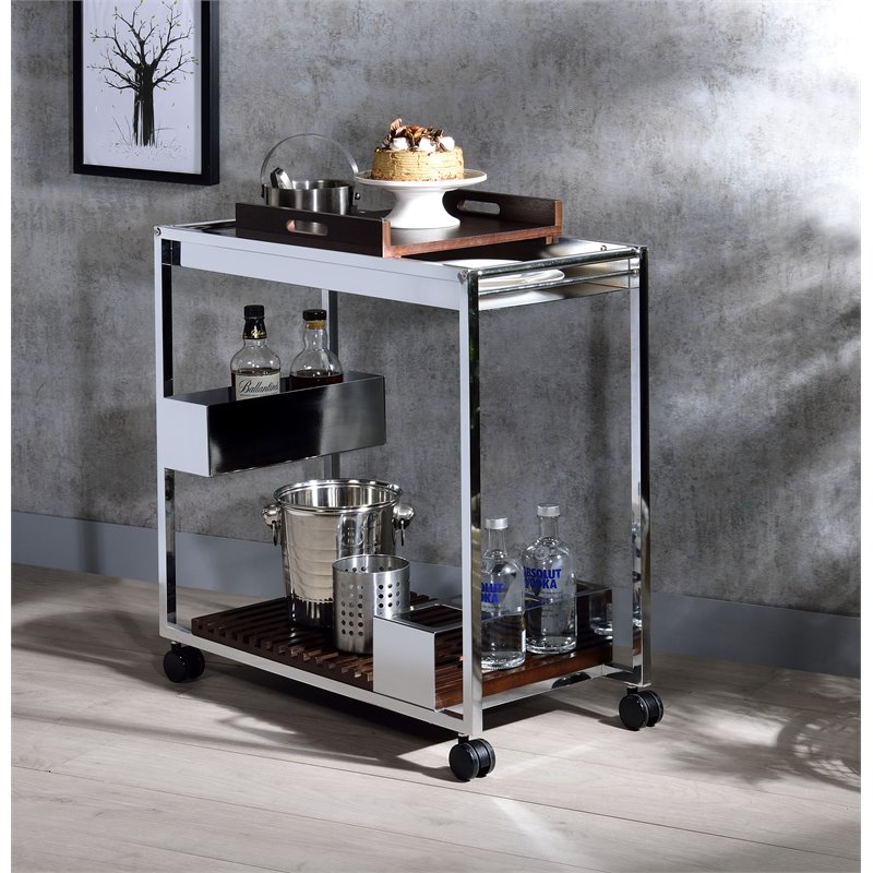 Bowery Hill Contemporary Metal Serving Cart in Chrome