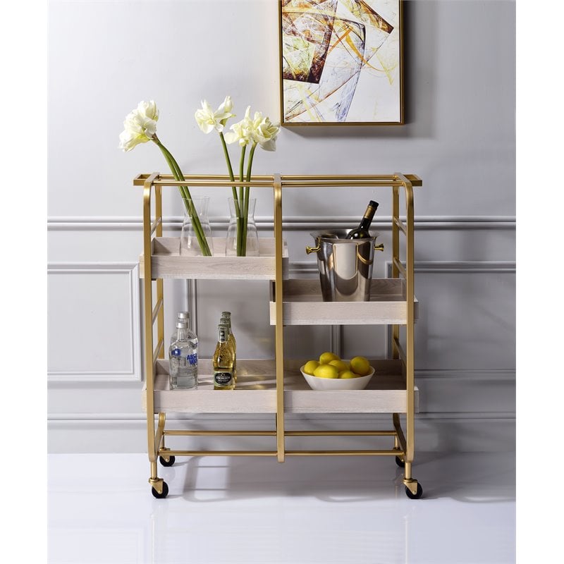 Bowery Hill Contemporary Serving Cart in Gold & White-Washed
